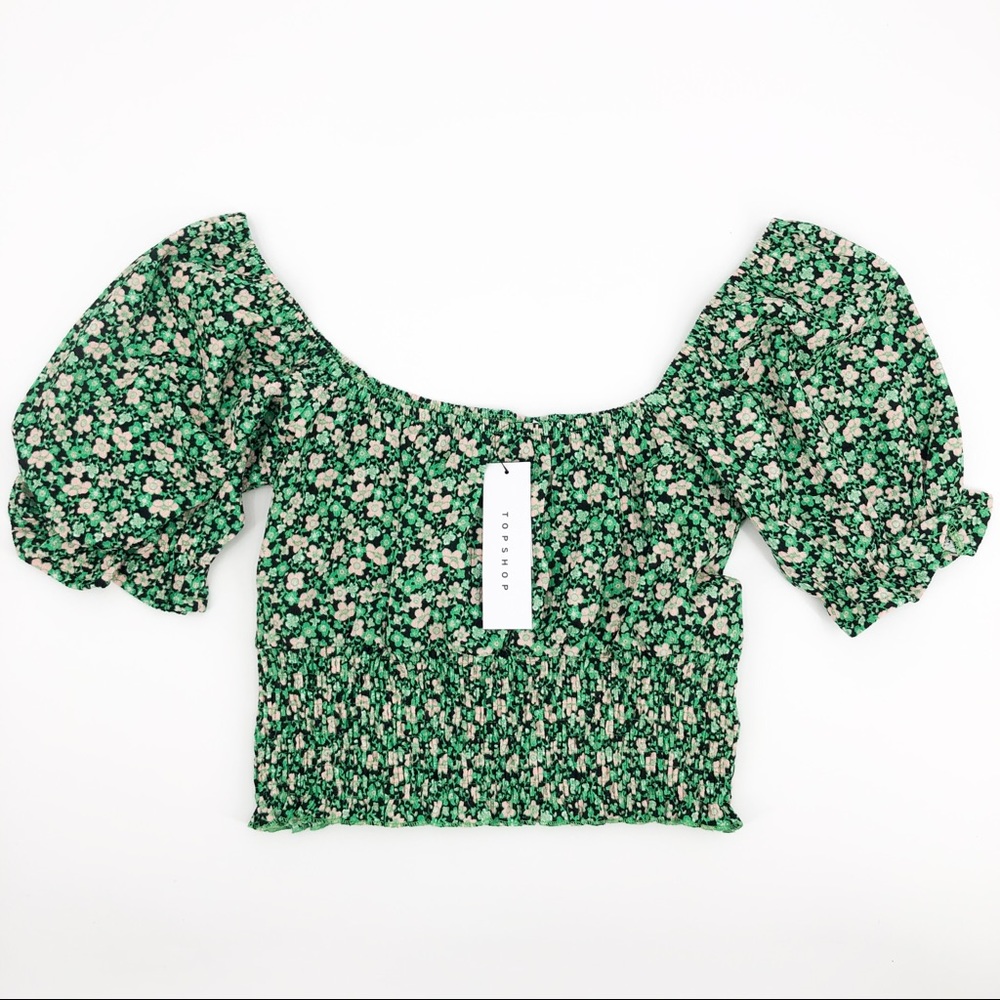 Topshop Floral Puff Sleeve Green Ruched Crop Top